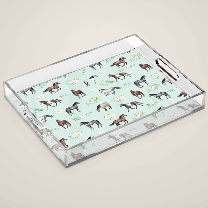 Floral Horse Pattern, Flowers and Horses, Hand Painted, Girl's Room, Romantic Blue Floral Acrylic Tray Gallery Image 1