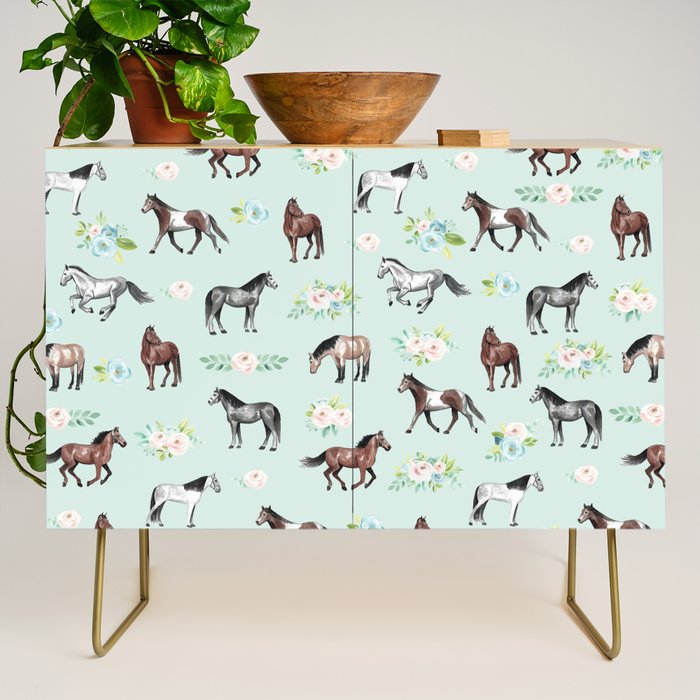 Floral Horse Pattern, Flowers and Horses, Hand Painted, Girl's Room, Romantic Blue Floral Credenza Gallery Image 1