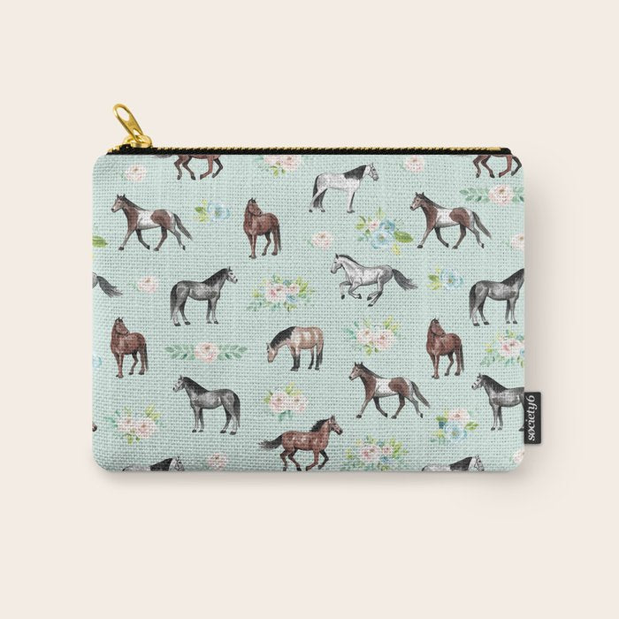 Floral Horse Pattern, Flowers and Horses, Hand Painted, Girl's Room, Romantic Blue Floral Carry All Pouch Gallery Image 1