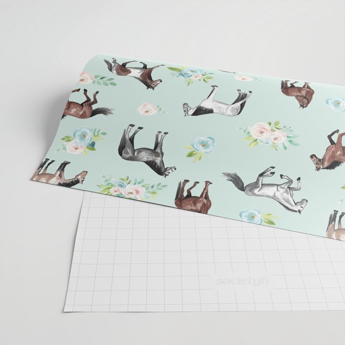 Floral Horse Pattern, Flowers and Horses, Hand Painted, Girl's Room, Romantic Blue Floral Wrapping Paper Gallery Image 2