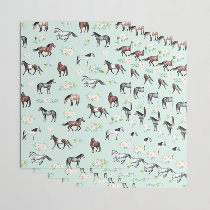 Floral Horse Pattern, Flowers and Horses, Hand Painted, Girl's Room, Romantic Blue Floral Wrapping Paper Gallery Image 3