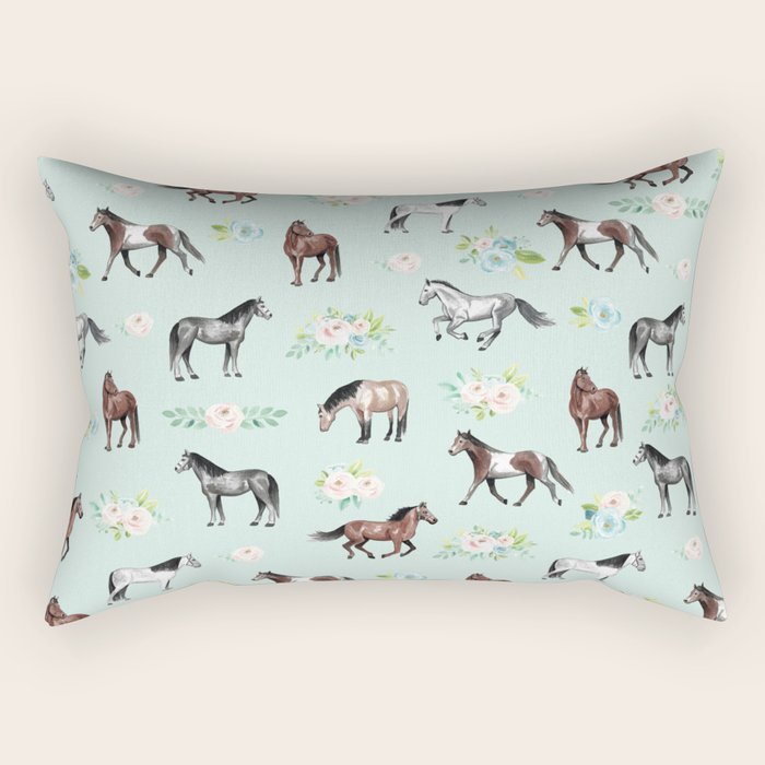 Floral Horse Pattern, Flowers and Horses, Hand Painted, Girl's Room, Romantic Blue Floral Rectangular Pillow Gallery Image 2