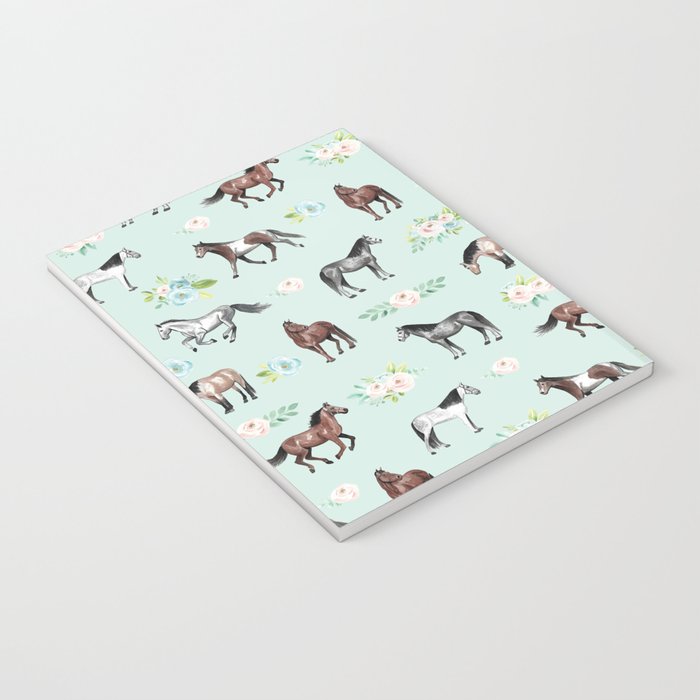 Floral Horse Pattern, Flowers and Horses, Hand Painted, Girl's Room, Romantic Blue Floral Notebook Gallery Image 3