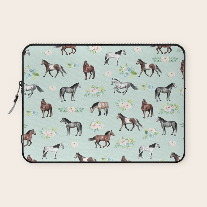 Floral Horse Pattern, Flowers and Horses, Hand Painted, Girl's Room, Romantic Blue Floral Laptop Sleeve Gallery Image 1