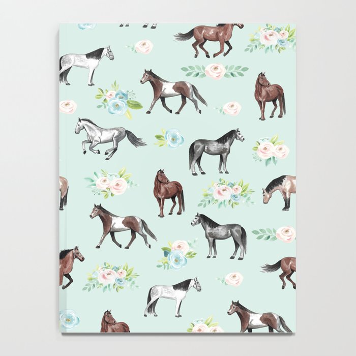 Floral Horse Pattern, Flowers and Horses, Hand Painted, Girl's Room, Romantic Blue Floral Notebook Gallery Image 4