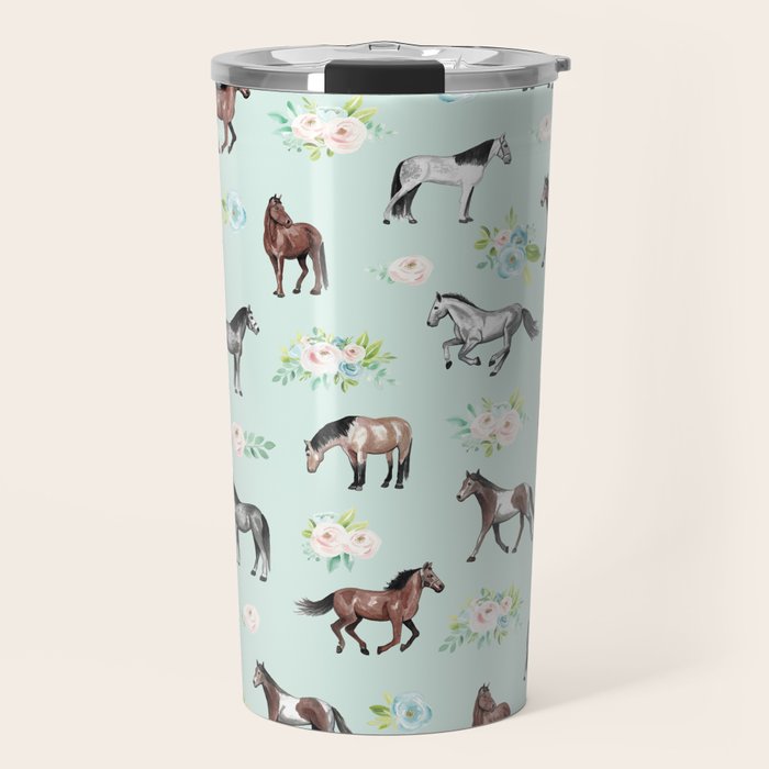 Floral Horse Pattern, Flowers and Horses, Hand Painted, Girl's Room, Romantic Blue Floral Travel Mug Gallery Image 1
