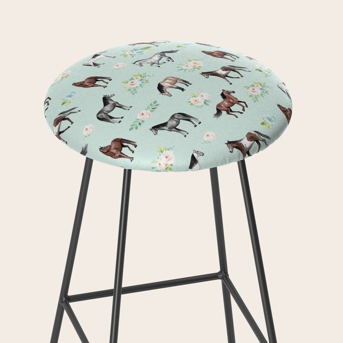 Floral Horse Pattern, Flowers and Horses, Hand Painted, Girl's Room, Romantic Blue Floral Stool Gallery Image 2