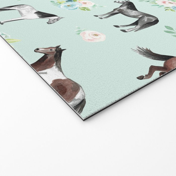 Floral Horse Pattern, Flowers and Horses, Hand Painted, Girl's Room, Romantic Blue Floral Welcome Mat Gallery Image 2