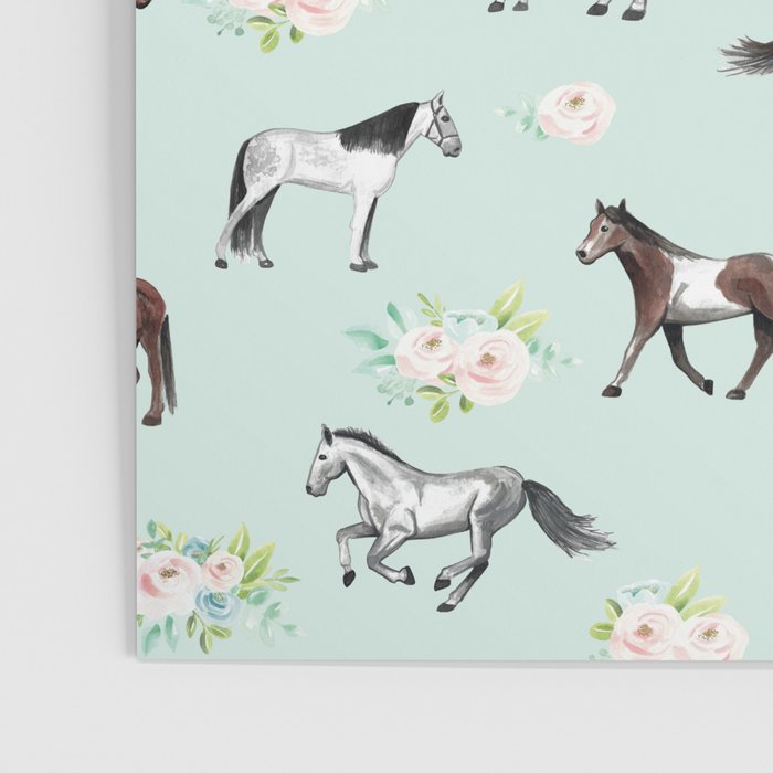 Floral Horse Pattern, Flowers and Horses, Hand Painted, Girl's Room, Romantic Blue Floral Poster Gallery Image 3