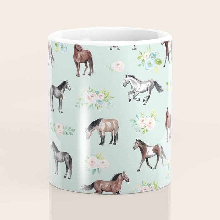 Floral Horse Pattern, Flowers and Horses, Hand Painted, Girl's Room, Romantic Blue Floral Coffee Mug Gallery Image 4