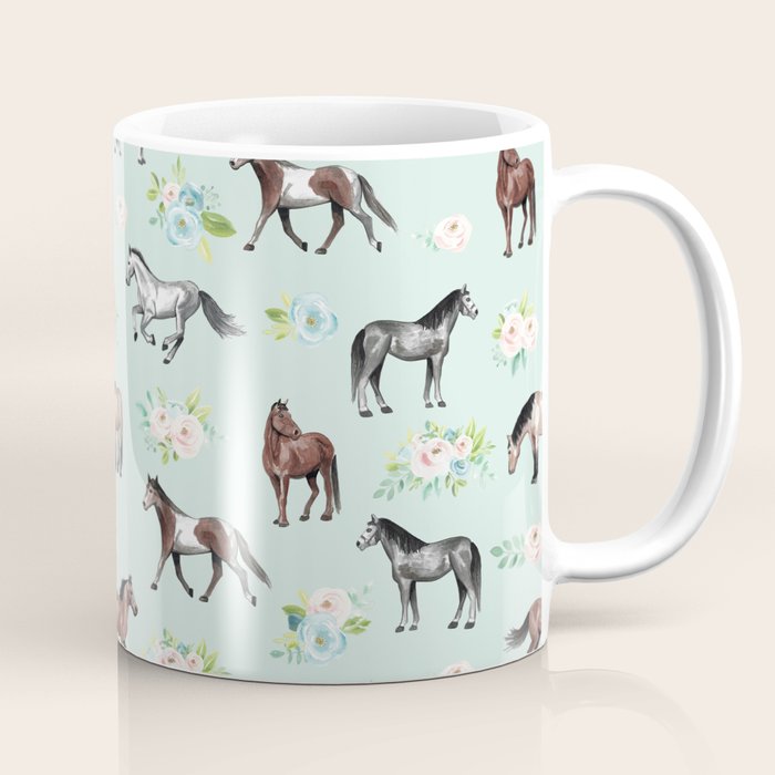 Floral Horse Pattern, Flowers and Horses, Hand Painted, Girl's Room, Romantic Blue Floral Coffee Mug Gallery Image 1