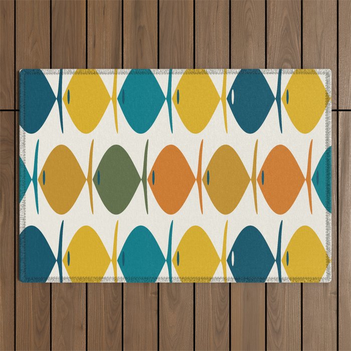 Retro Fish Mid Century Modern Multicolor Abstract Pattern Outdoor Rug Gallery Image 1