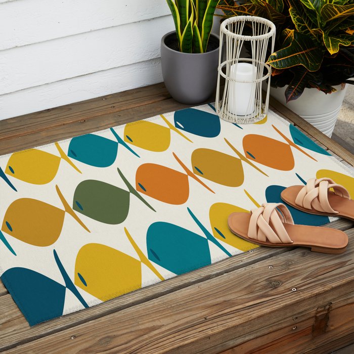 Retro Fish Mid Century Modern Multicolor Abstract Pattern Outdoor Rug Gallery Image 2