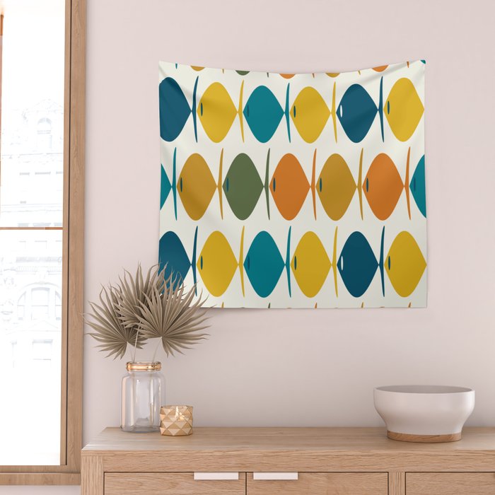 Retro Fish Mid Century Modern Multicolor Abstract Pattern Wall Tapestry Gallery Image 2