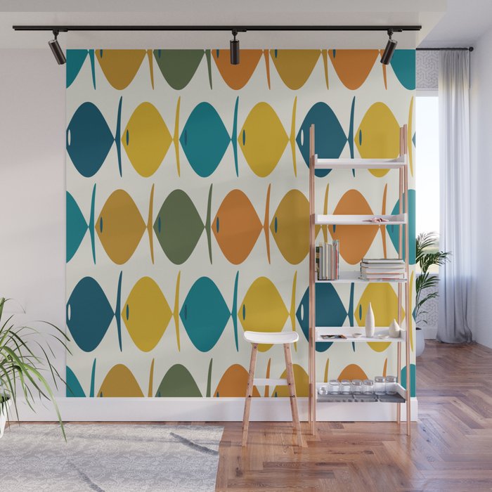 Retro Fish Mid Century Modern Multicolor Abstract Pattern Wall Mural Gallery Image 1