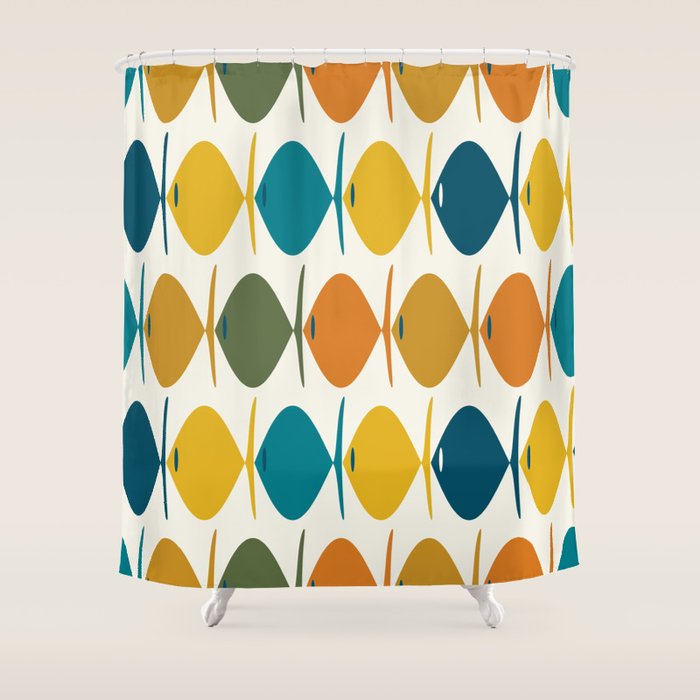 Retro Fish Mid Century Modern Multicolor Abstract Pattern Shower Curtain Gallery Image 1