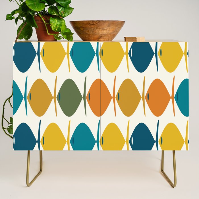 Retro Fish Mid Century Modern Multicolor Abstract Pattern Credenza Gallery Image 1