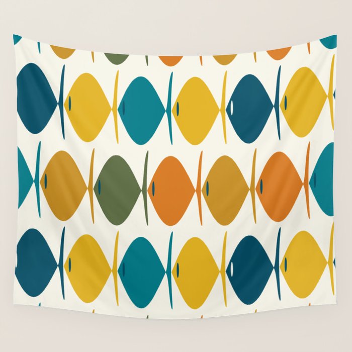 Retro Fish Mid Century Modern Multicolor Abstract Pattern Wall Tapestry Gallery Image 1