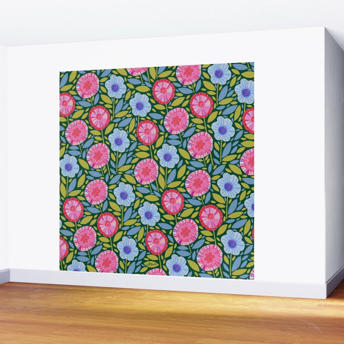 Folk Floral Blossoms in Forest Green Wall Mural Gallery Image 2