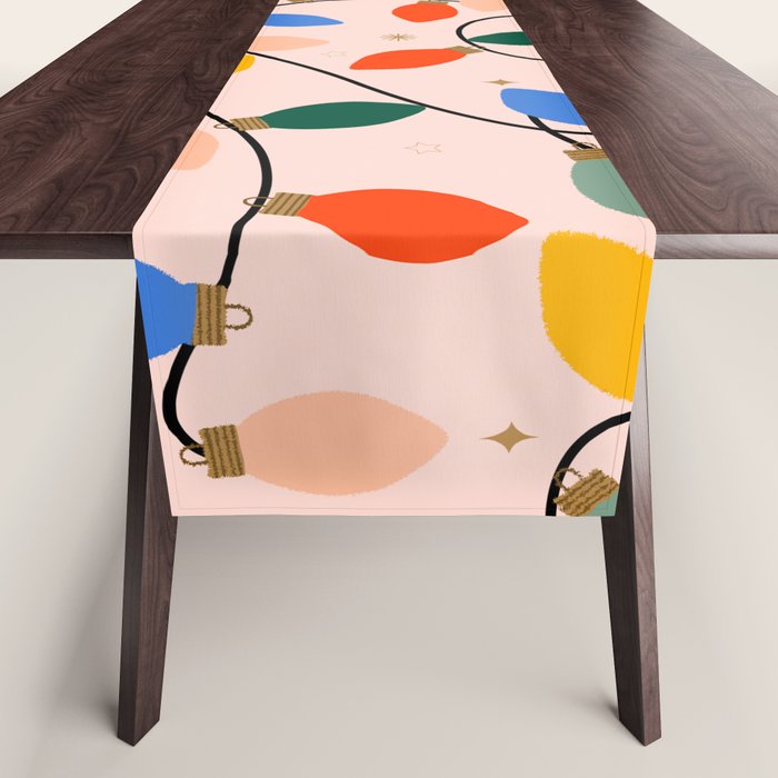 Colorful Holiday String Lights Pattern on Peach Background Table Runner Gallery Image 1