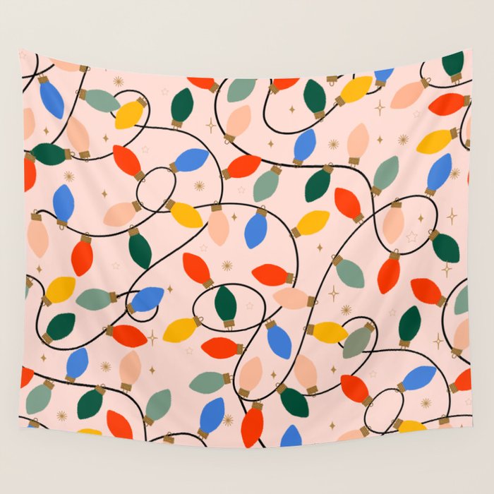 Colorful Holiday String Lights Pattern on Peach Background Wall Tapestry Gallery Image 1