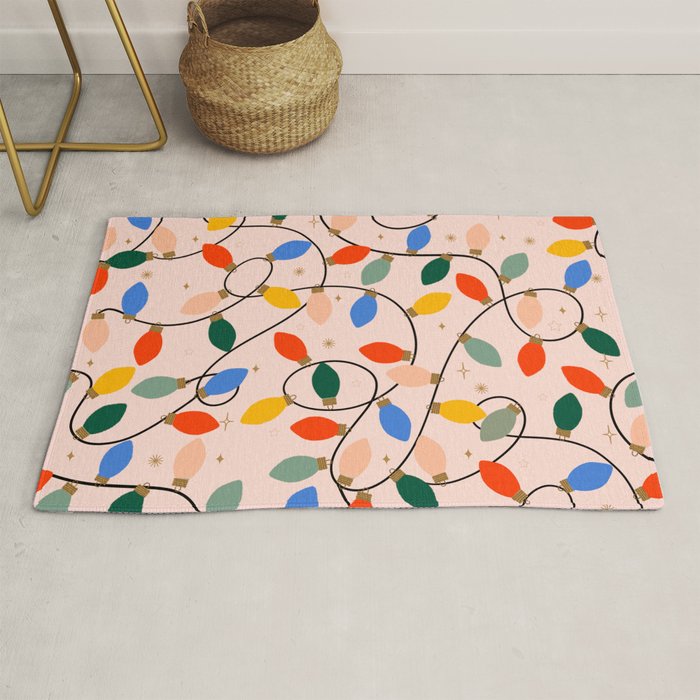 Colorful Holiday String Lights Pattern on Peach Background Rug Gallery Image 1