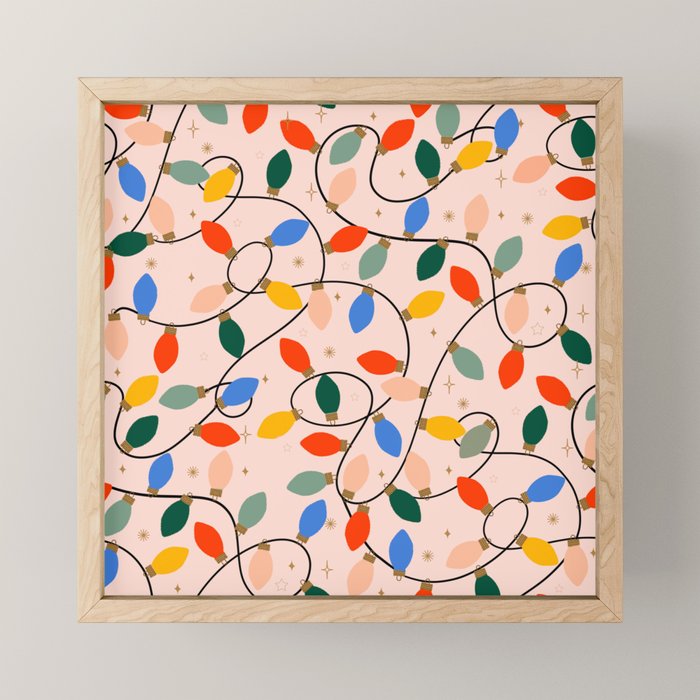 Colorful Holiday String Lights Pattern on Peach Background Mini Art Print Gallery Image 1