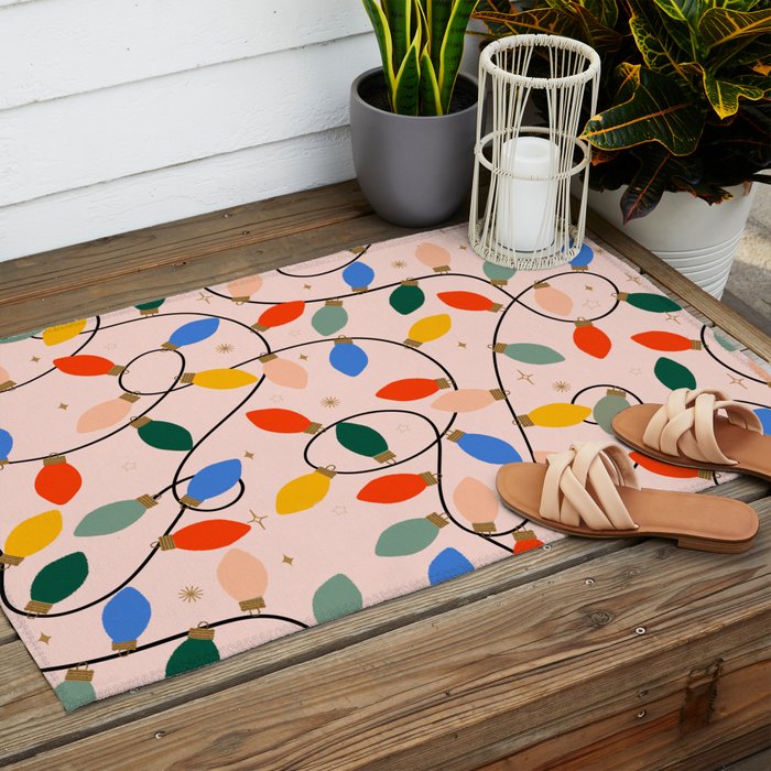 Colorful Holiday String Lights Pattern on Peach Background Outdoor Rug Gallery Image 2