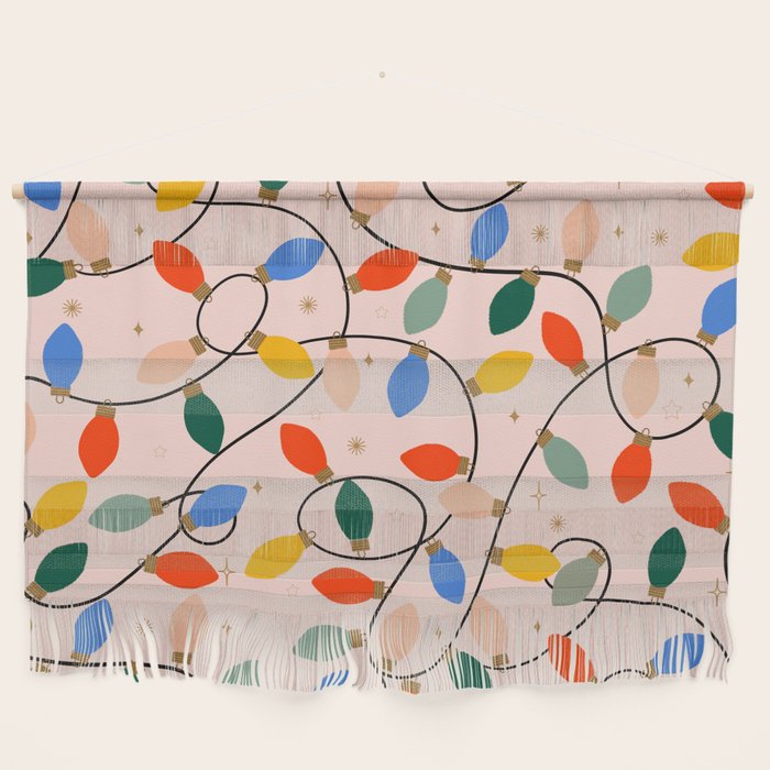 Colorful Holiday String Lights Pattern on Peach Background Wall Hanging Gallery Image 1