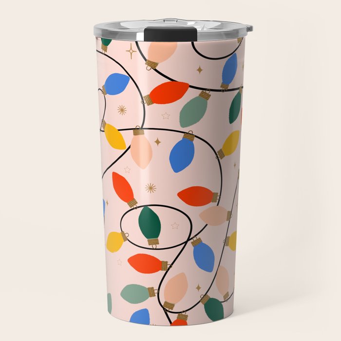 Colorful Holiday String Lights Pattern on Peach Background Travel Mug Gallery Image 1