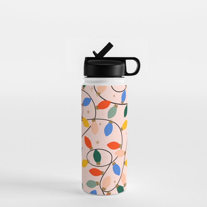 Colorful Holiday String Lights Pattern on Peach Background Water Bottle Gallery Image 1