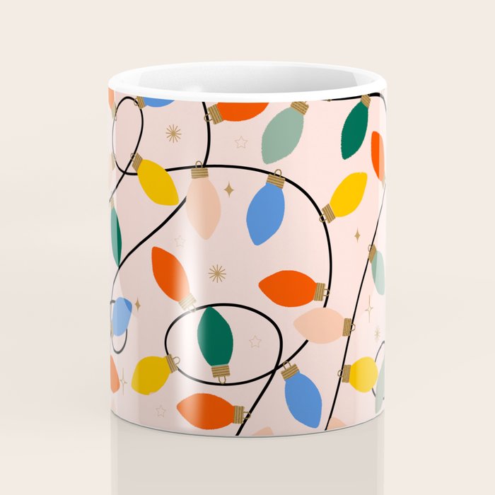 Colorful Holiday String Lights Pattern on Peach Background Coffee Mug Gallery Image 4