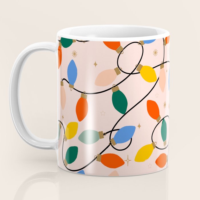 Colorful Holiday String Lights Pattern on Peach Background Coffee Mug Gallery Image 3