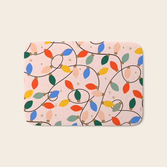 Colorful Holiday String Lights Pattern on Peach Background Bath Mat Gallery Image 1