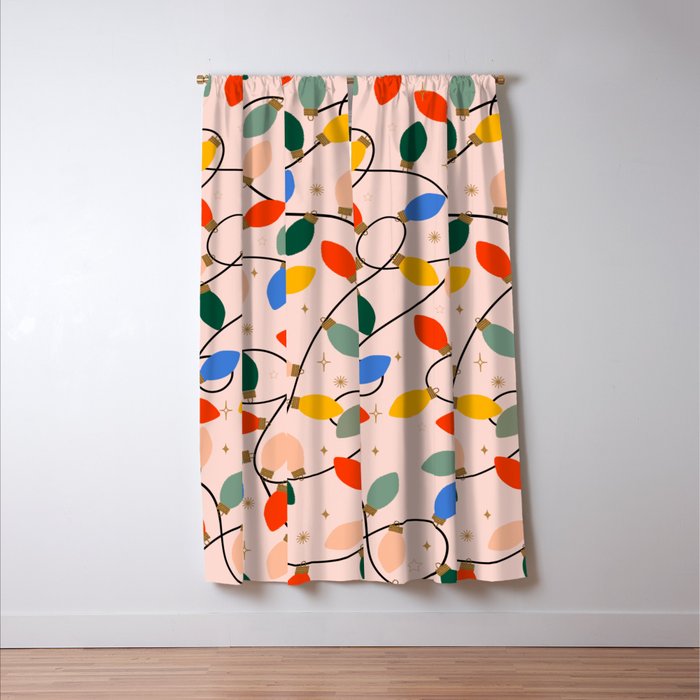 Colorful Holiday String Lights Pattern on Peach Background Window Curtain Gallery Image 3