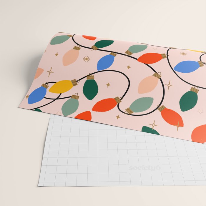 Colorful Holiday String Lights Pattern on Peach Background Wrapping Paper Gallery Image 2