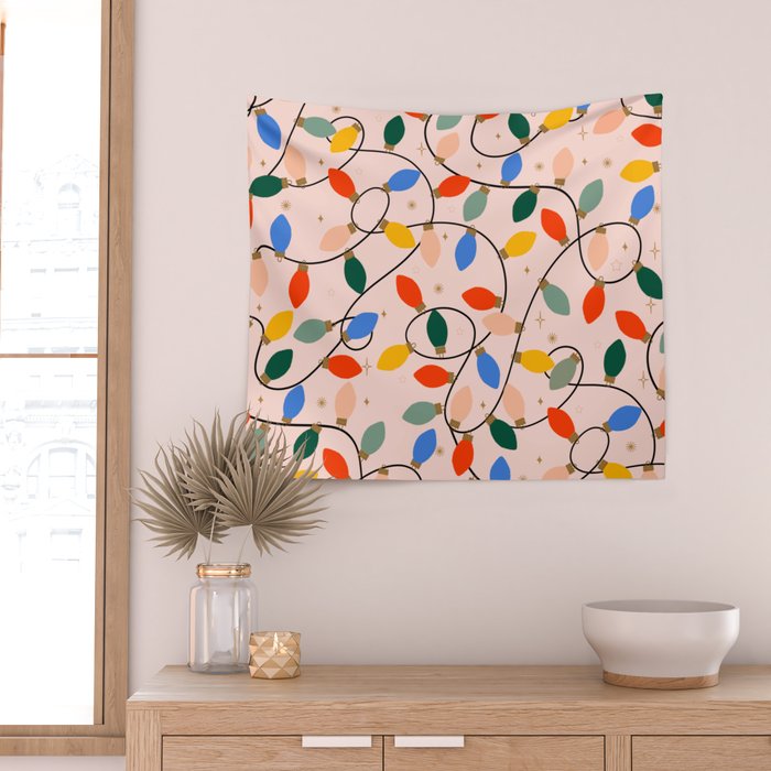 Colorful Holiday String Lights Pattern on Peach Background Wall Tapestry Gallery Image 2