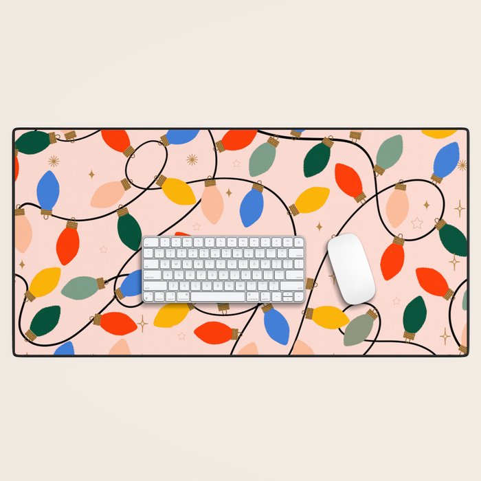 Colorful Holiday String Lights Pattern on Peach Background Desk Mat Gallery Image 1