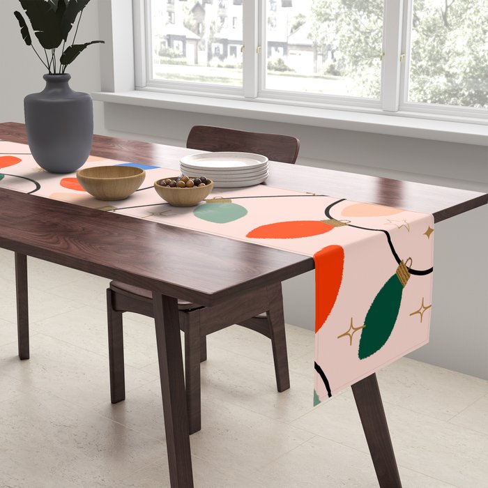 Colorful Holiday String Lights Pattern on Peach Background Table Runner Gallery Image 2