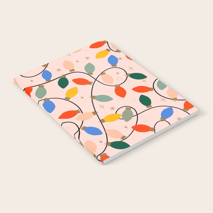 Colorful Holiday String Lights Pattern on Peach Background Notebook Gallery Image 1