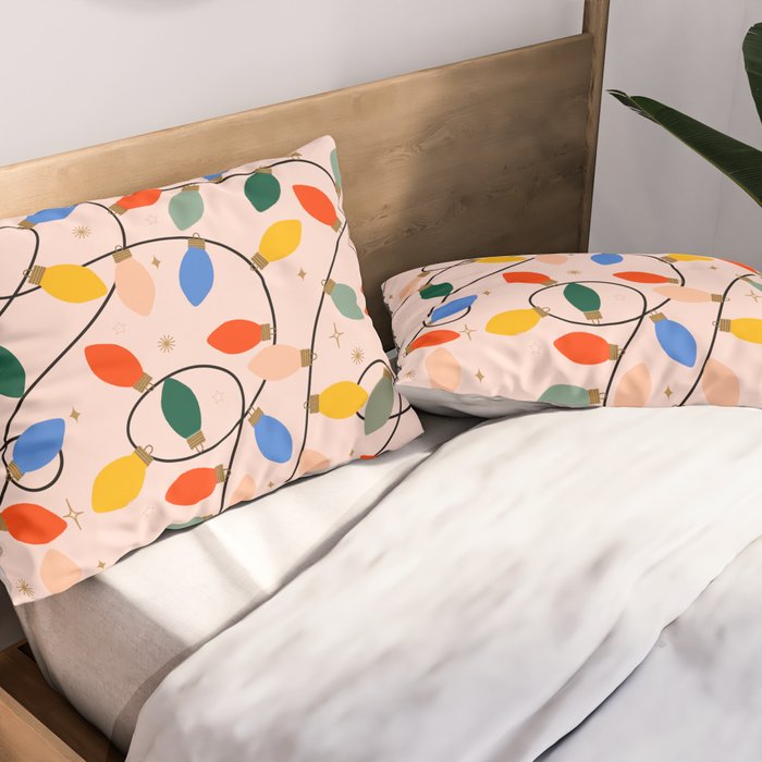Colorful Holiday String Lights Pattern on Peach Background Pillow Sham Gallery Image 2