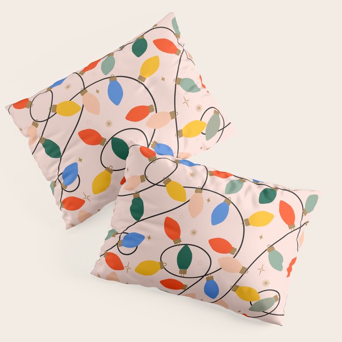 Colorful Holiday String Lights Pattern on Peach Background Pillow Sham Gallery Image 1