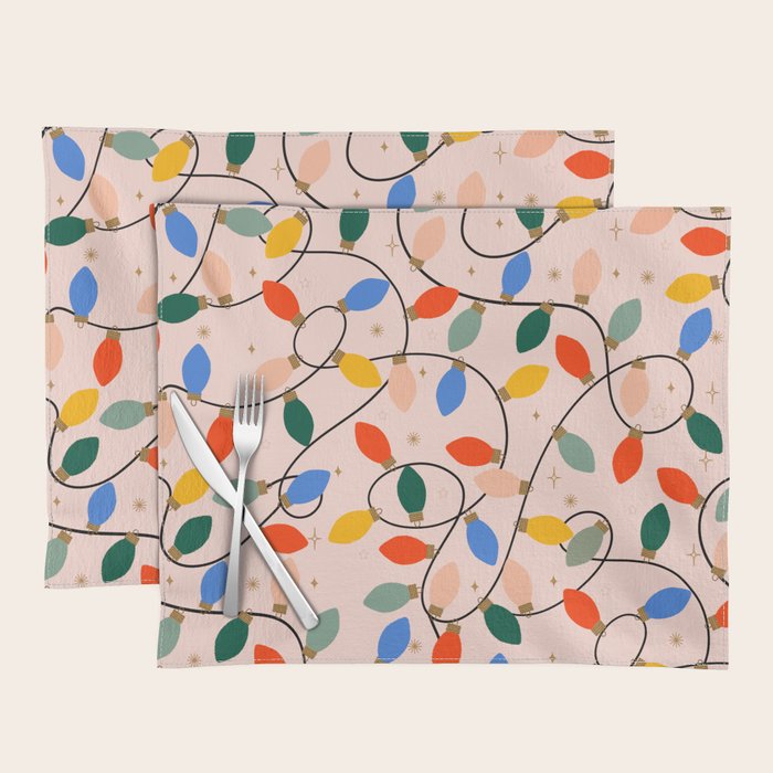 Colorful Holiday String Lights Pattern on Peach Background Placemat Gallery Image 1