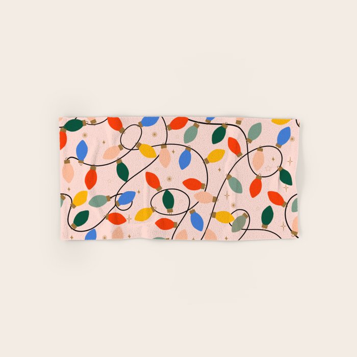 Colorful Holiday String Lights Pattern on Peach Background Bath Towel Gallery Image 1