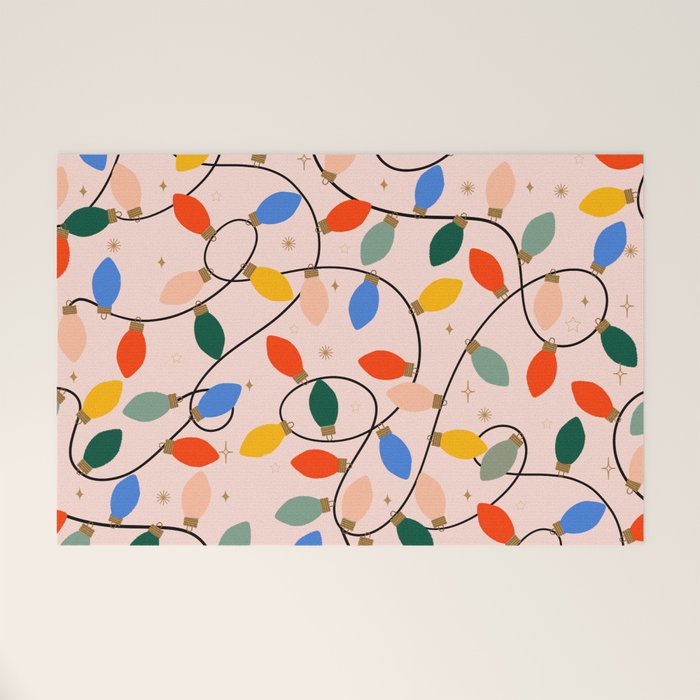 Colorful Holiday String Lights Pattern on Peach Background Welcome Mat Gallery Image 1