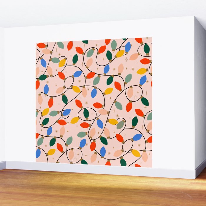 Colorful Holiday String Lights Pattern on Peach Background Wall Mural Gallery Image 2