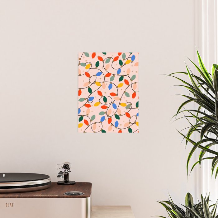 Colorful Holiday String Lights Pattern on Peach Background Poster Gallery Image 2