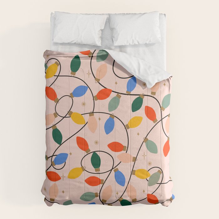 Colorful Holiday String Lights Pattern on Peach Background Comforter Gallery Image 1