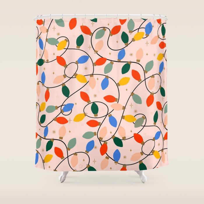 Colorful Holiday String Lights Pattern on Peach Background Shower Curtain Gallery Image 1