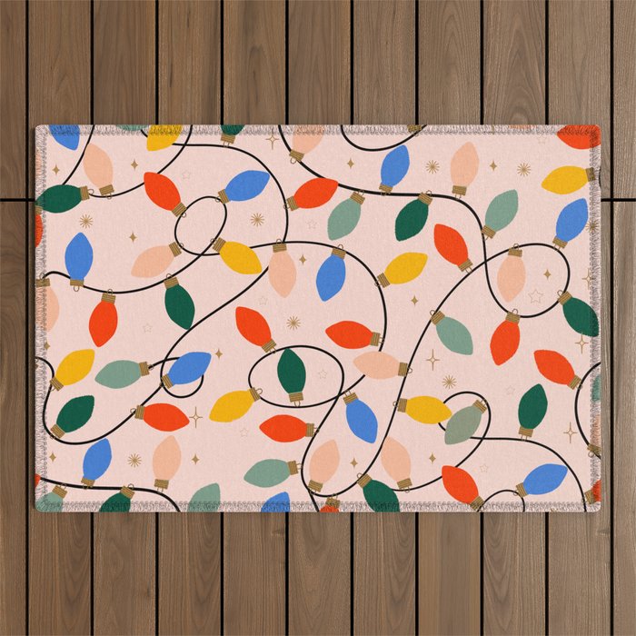 Colorful Holiday String Lights Pattern on Peach Background Outdoor Rug Gallery Image 1